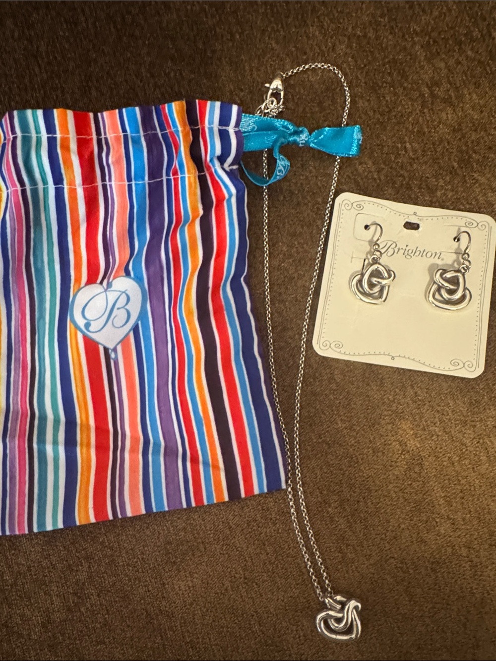 Brighton Silver Interlok Necklace and Matching Earrings with pouch